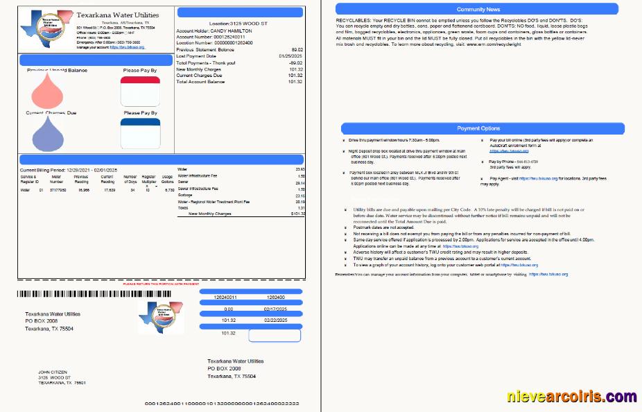USA Texarkana water utilities utility bill, 2 pages